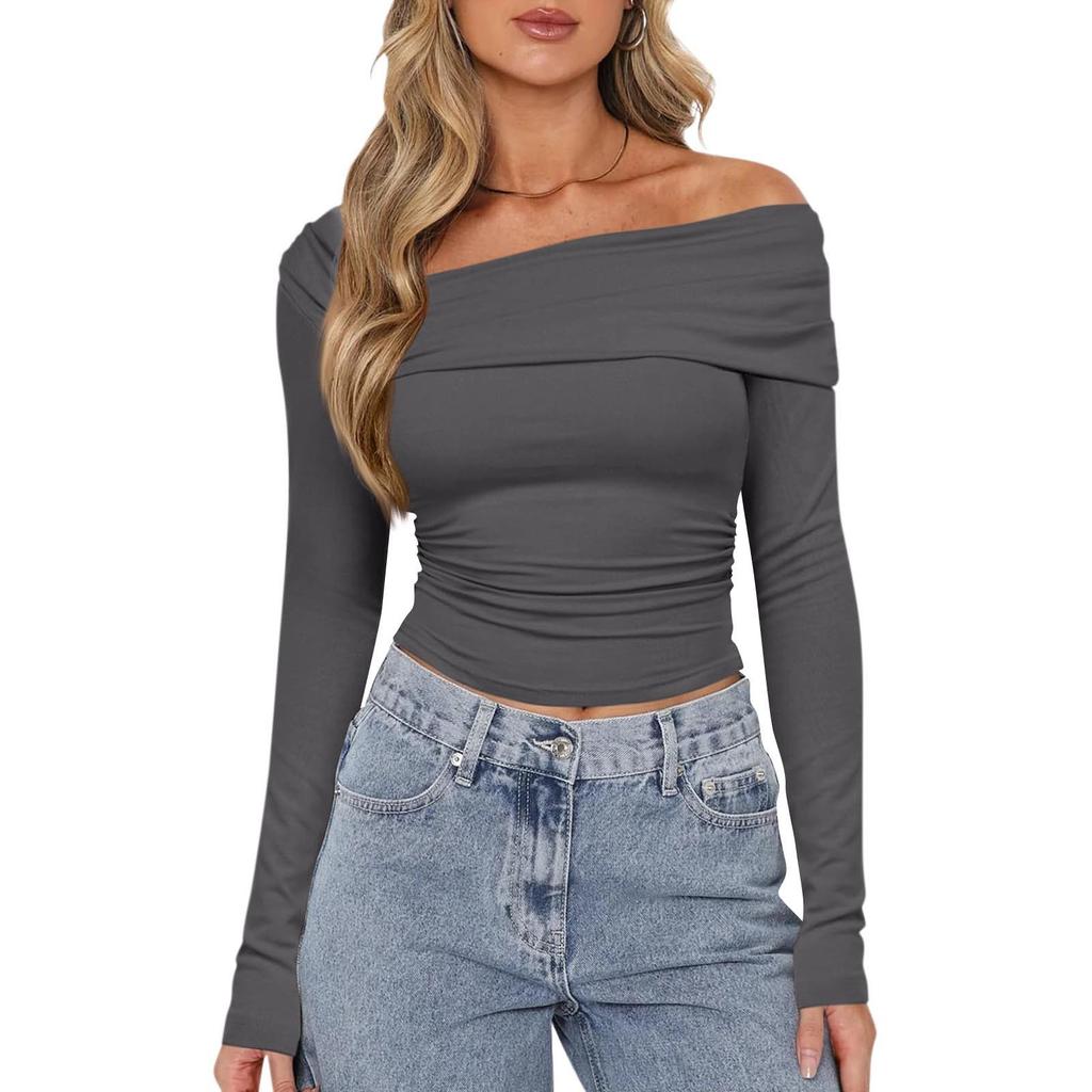 Женская мода, однотонный плиссированный топ на одно плечо с длинными рукавами, облегающий короткий топ с открытым пупком
