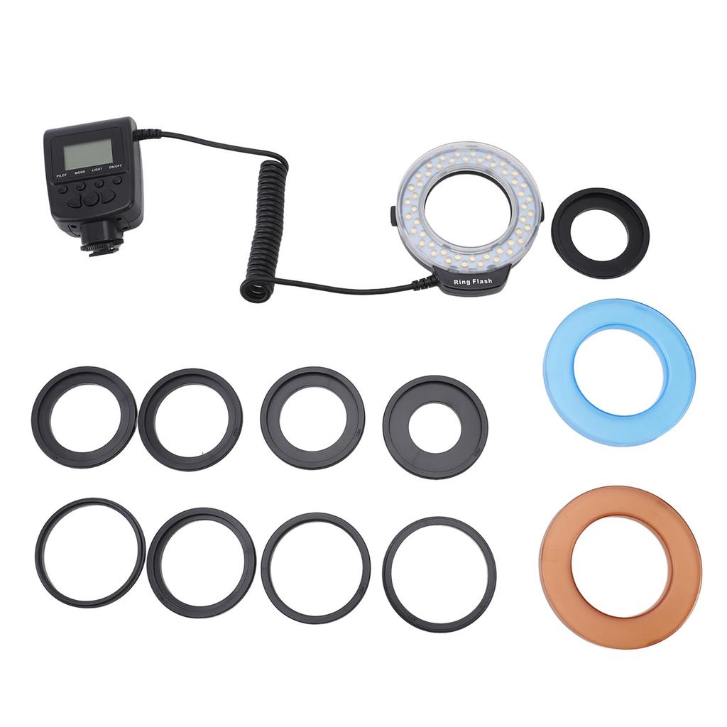 48LED Macro Flash Light with LCD Display Power Control Adapter Rings Flash Diffuser for DSLR
