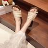 Set of Toe Cool Slippers Women's 2025 New Summer Flat-bottomed Casual Versatile Beach Shoes Outer Wear Pleated One-word Slippers