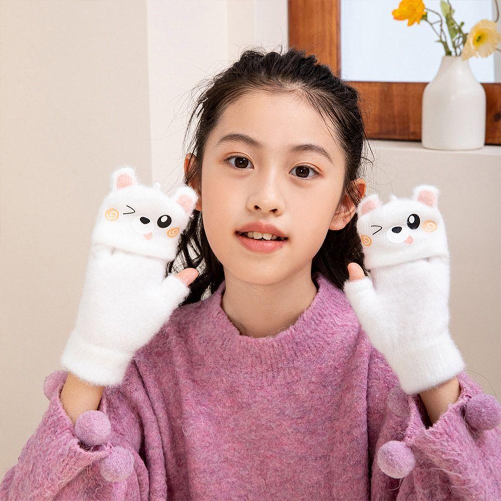 Capybara Student Half-Finger Flip Gloves Thickened Warm Knitted Mittens for Boys Girls