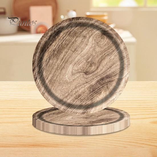 10Pcs Round Wood Grain Paper Tray Food Grade Paper Dinner Plates Decorative Picnic Party Tableware Decoration