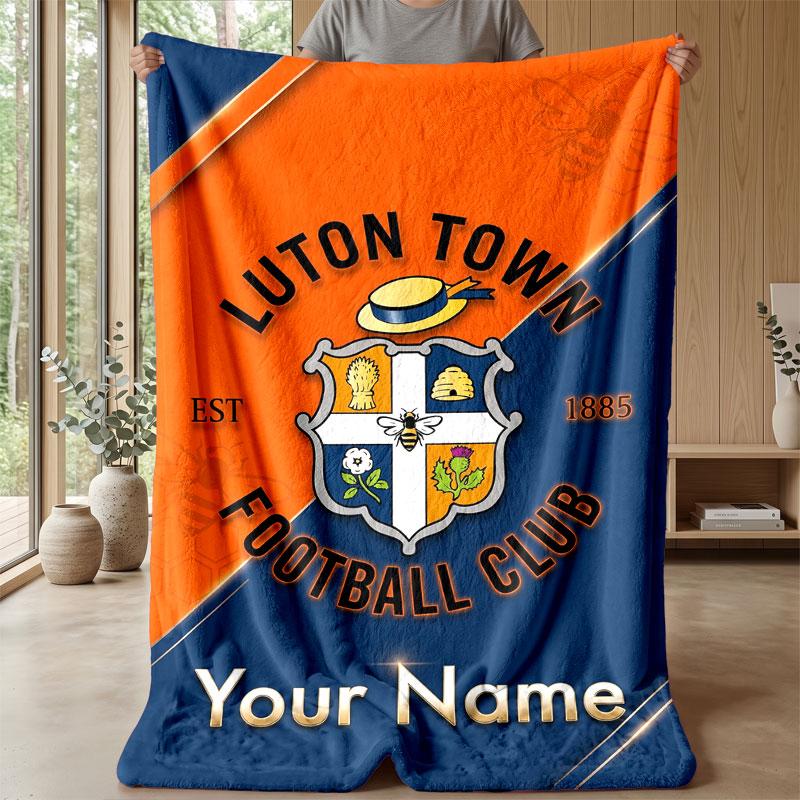 Luton Town Custom Name Text Flannel Blanket Soccer Logo Personalized Fleece Throw Blanket Special Gift For Sofa Bedroom Home