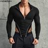 Men Zip-up High Neck Long Sleeve Skinny Irregular Crop Tops T-shirts