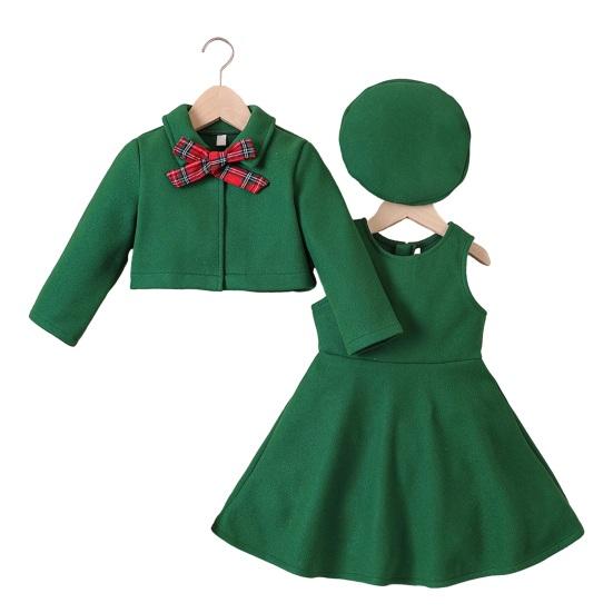 4 шт./компл., платье для девочек, куртка-берет, шапка с лентой и бантом, осень-зима, однотонное короткое пальто с отложным воротником, без рукавов, с круглым вырезом, комплект платьев трапециевидной формы с рюшами по подолу
