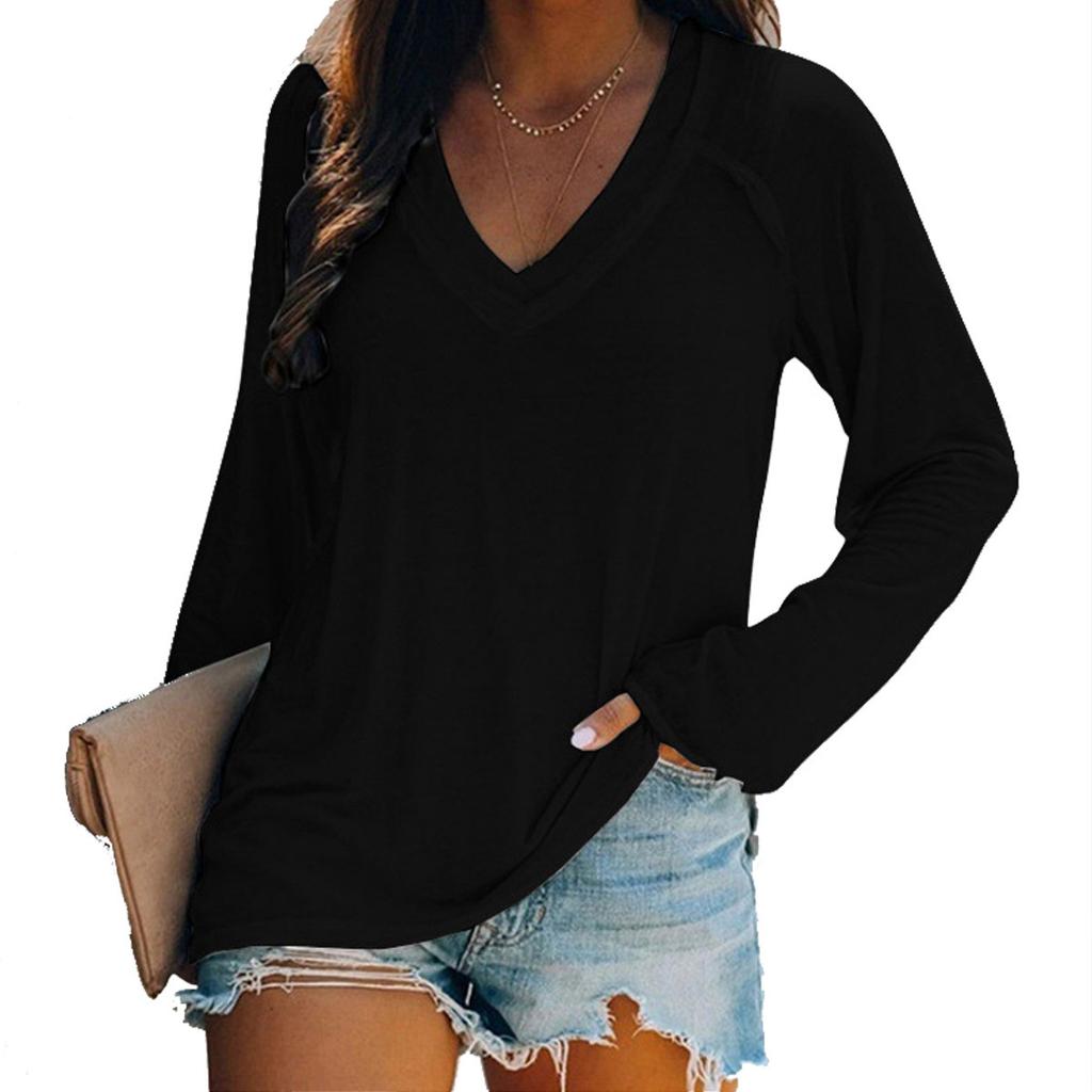Women's Plain V Neck Tops T-Shirt Plus Size Long Sleeve Winter Loose Casual Tee Blouse Shirts