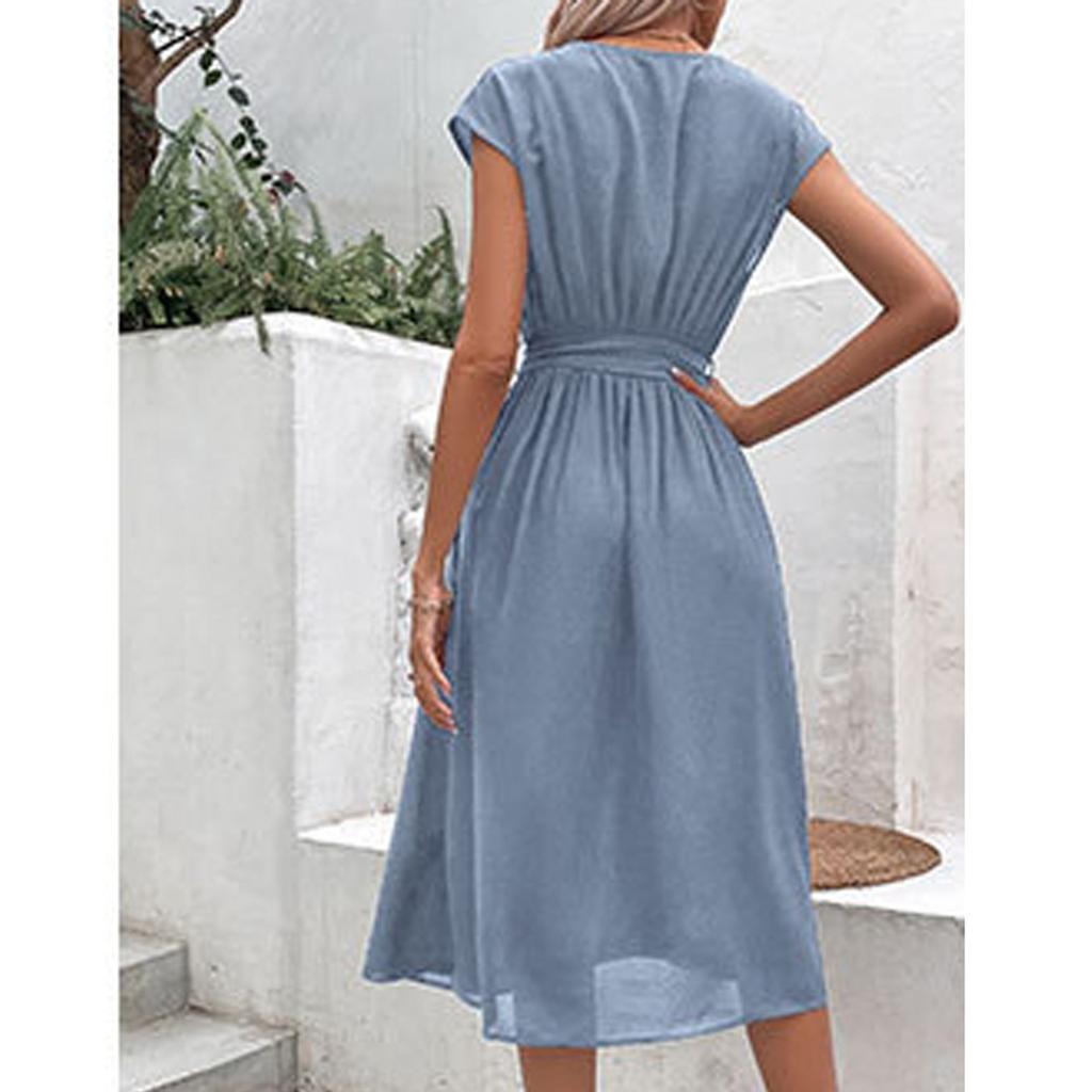 Women's Loose Casual V-Neck Belt Solid Color Dress Fashionable Dress Fashionable Dress