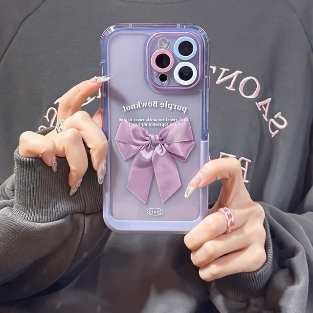 Милый чехол для телефона с 3d рельефным фиолетовым бантом и бабочкой из мультфильма для Iphone 11 12 Promax 13 14 Pro Max, защитная задняя крышка, капа