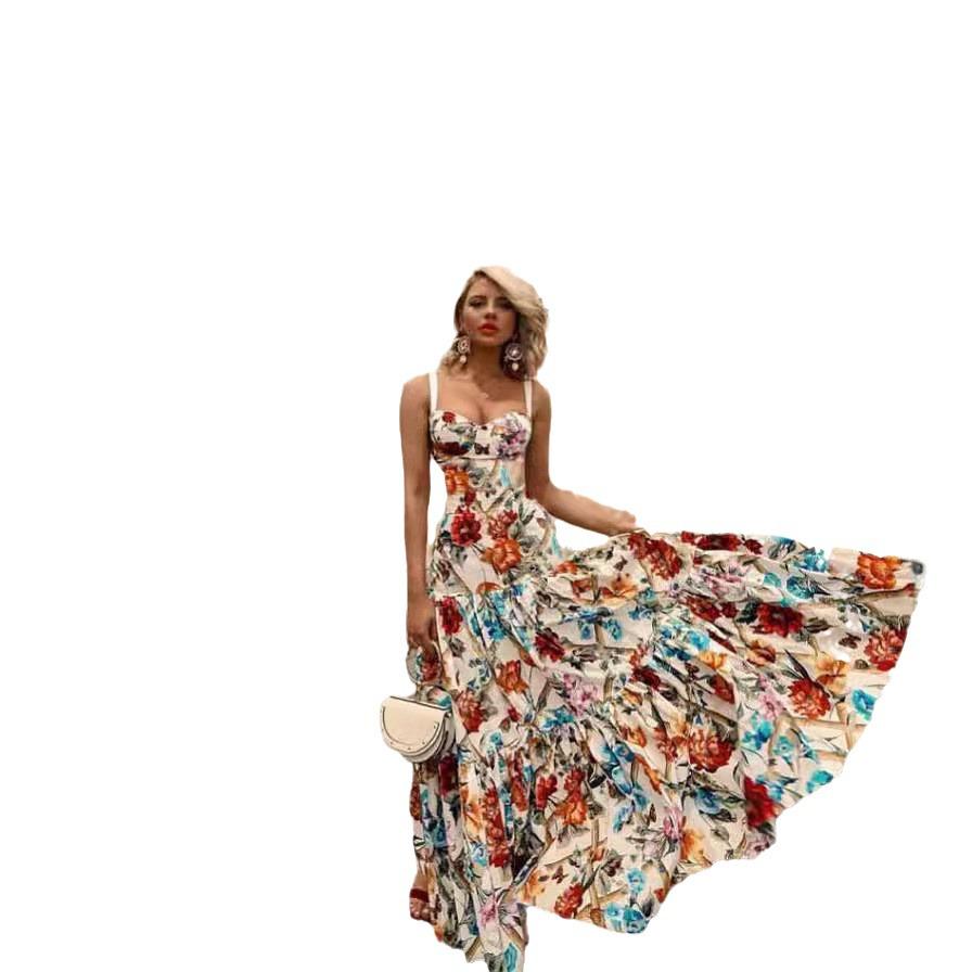 Летнее женское сексуальное платье без рукавов с принтом и длинными подтяжками 2025 года.