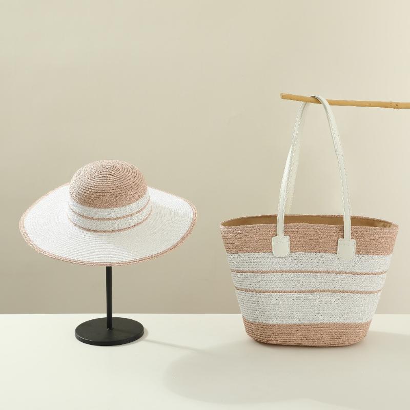Straw Hat Tote Bag Set Adjustable Wide Brim Sun Hat Sturdy Woven Handbag 2Pcs for Women Outdoor Summer Activities
