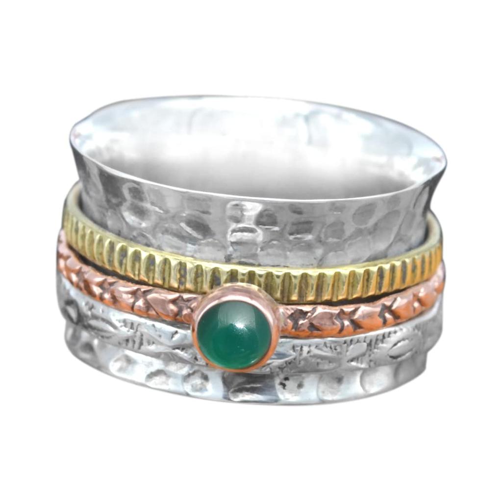 Стерлинговое Серебро Медное Латунное Кольцо Круглый Кабошон Твердый Сприннер Камень Кольцо Натуральный Зеленый Оникс Драгоценный Камень 6,5 Гм