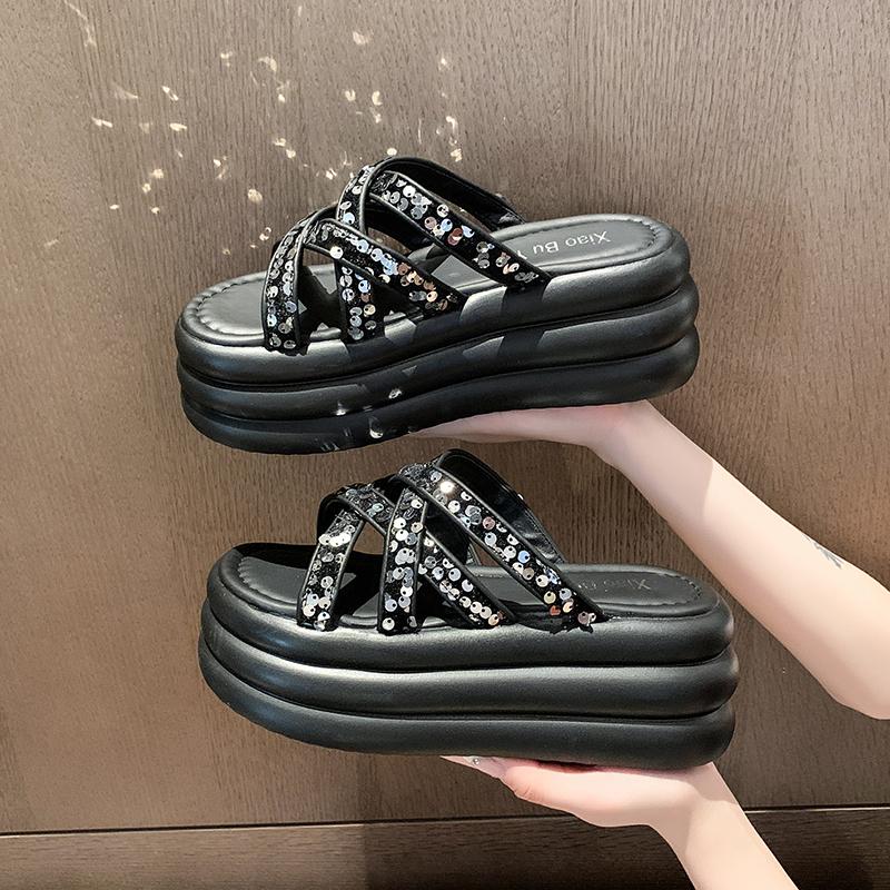 Fashion 7cm Synthetic Rhinestone Bling Breathable Summer Chunky Slippers High Brand Platform Wedge Outdoors Casual Shoes Women's Sandals