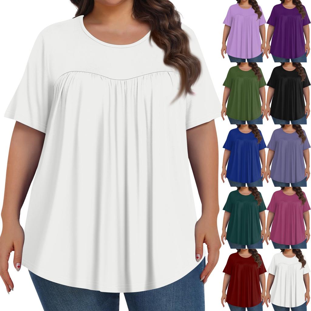 Женская мода, повседневный однотонный топ с круглым вырезом и коротким рукавом, женские топы больших размеров
