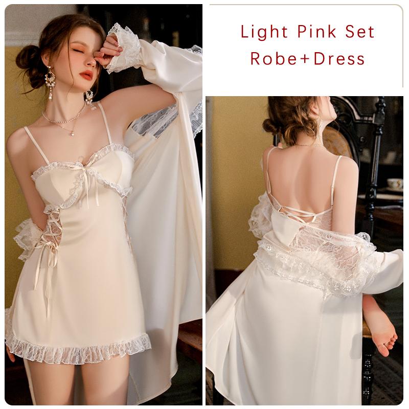 Шелковая сексуальная пижама для женщин с V-образным вырезом и подкладкой для груди, кружевная прозрачная ночная рубашка с халатом, пижамный комплект для женщин