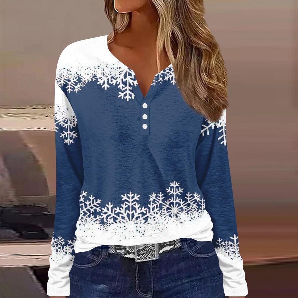 Длинные рукава женские топы с цветочным принтом винтажная мода повседневные свободные с V-образным вырезом рубашки больших размеров Рождество