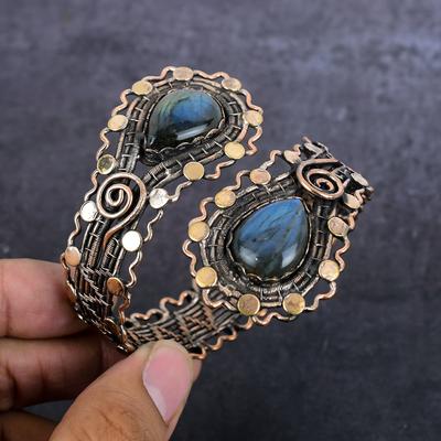 Браслет-манжета из натурального драгоценного камня лабрадорита с медной проволокой, регулируемый j6Y21