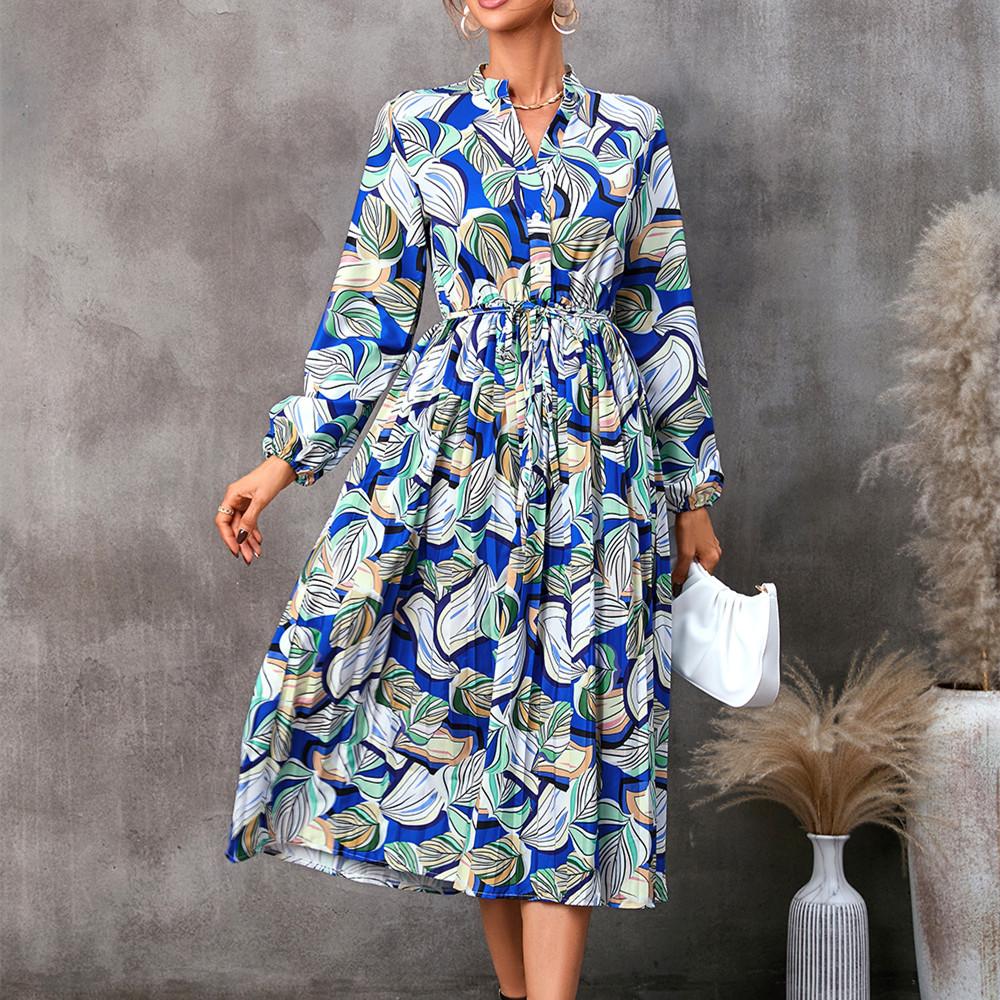 QICED Женская мода осень-зима с цветочным принтом и длинным рукавом с v-образным вырезом повседневные платья