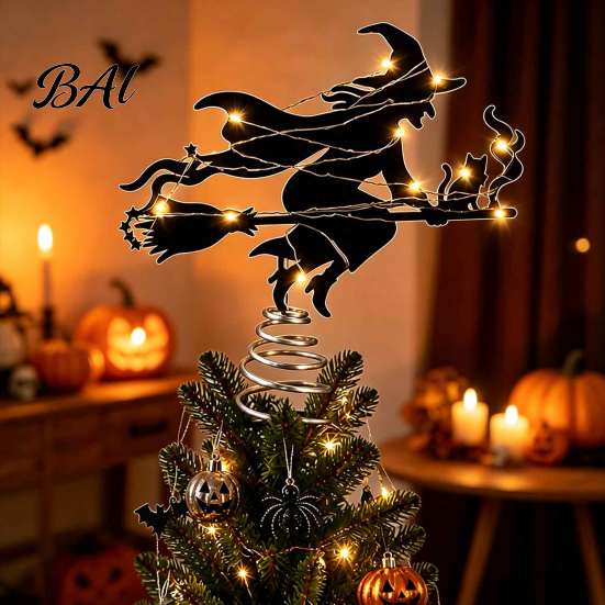 Halloween Tree Topper Witch Topper, with LED Lights, Black Iron Spooky Holiday Decor Art Silhouette Ornament, for Christmas And Party