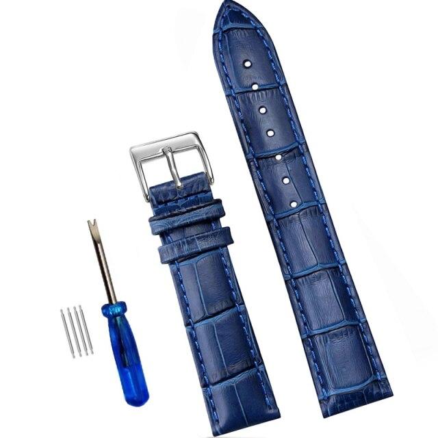 Ремешки для часов из натуральной кожи 14/16/18/20/22/24 мм, стальная пряжка, синий ремешок, высококачественный браслет на запястье + инструмент