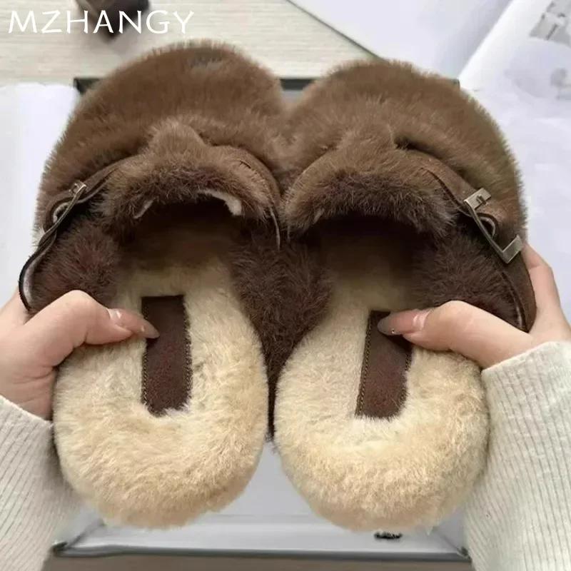 Модные женские тапочки на плоской подошве с мехом, повседневные туфли-мюли с открытой пяткой, тренд 2025 года, модная домашняя обувь из плюша и хлопка, зимние новинки для женщин, зимние ботинки