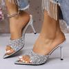 Fashion Shiny Silver Sequin High Heel Slippers Women Sexy Pointed Toe Stiletto Heels Sandals Woman 2025 Summer Fashion Dress Party Pumps