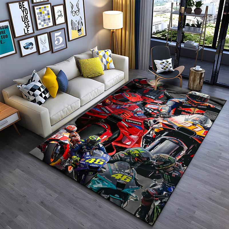 Sports Area Rug, MotoGP Riders Collage Marquez 93 Oliveira 83 Rossi 46 Bikes Print, Garage Decor, Non-Slip Mat