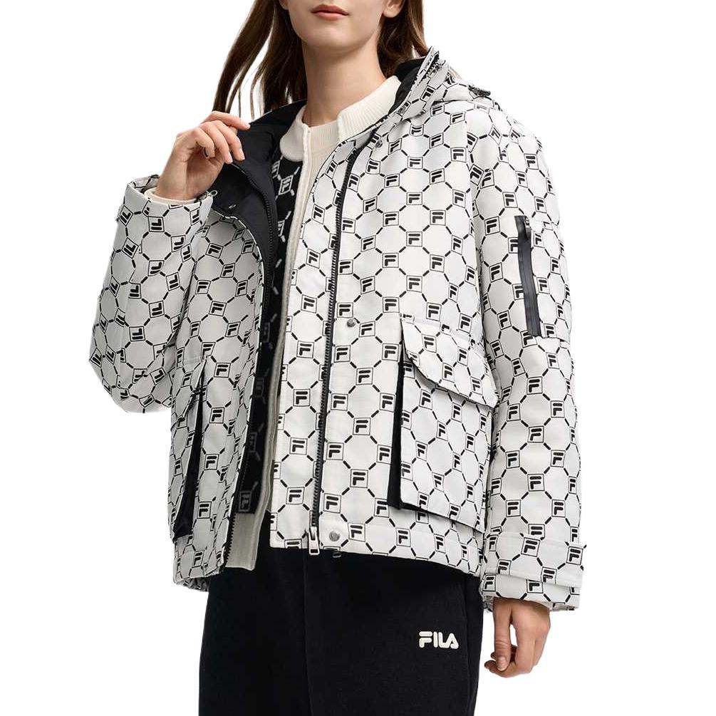 Fila SS25 Куртка с капюшоном теплая с логотипом по всей поверхности Женские куртки Облачно-Грибной-Белый F11W518901F-WT