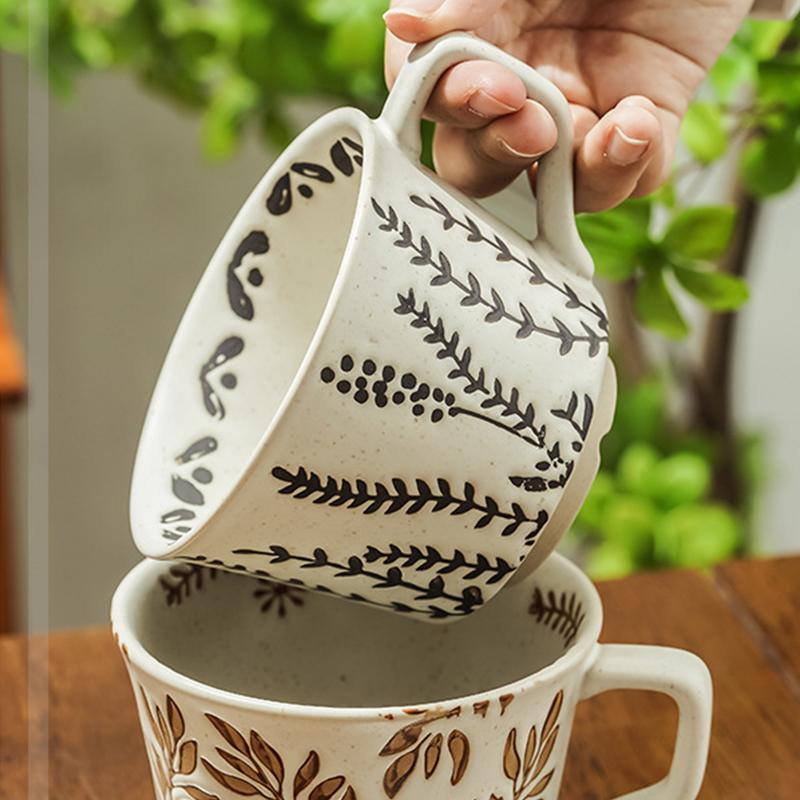 1 шт. Кружки из каменной керамики Винтажные с ручками Офисная грубая керамика Кафе Растение Резьба Скандинавская керамическая кофейная кружка Фруктовый чай Бытовая