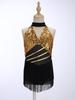 Kids Girls Cha-cha Salsa Latin Dance Costume Shiny Sequins Halter Sleeveless Mesh Waist Keyhole Metallic Back Tassels Leotard Dancewear