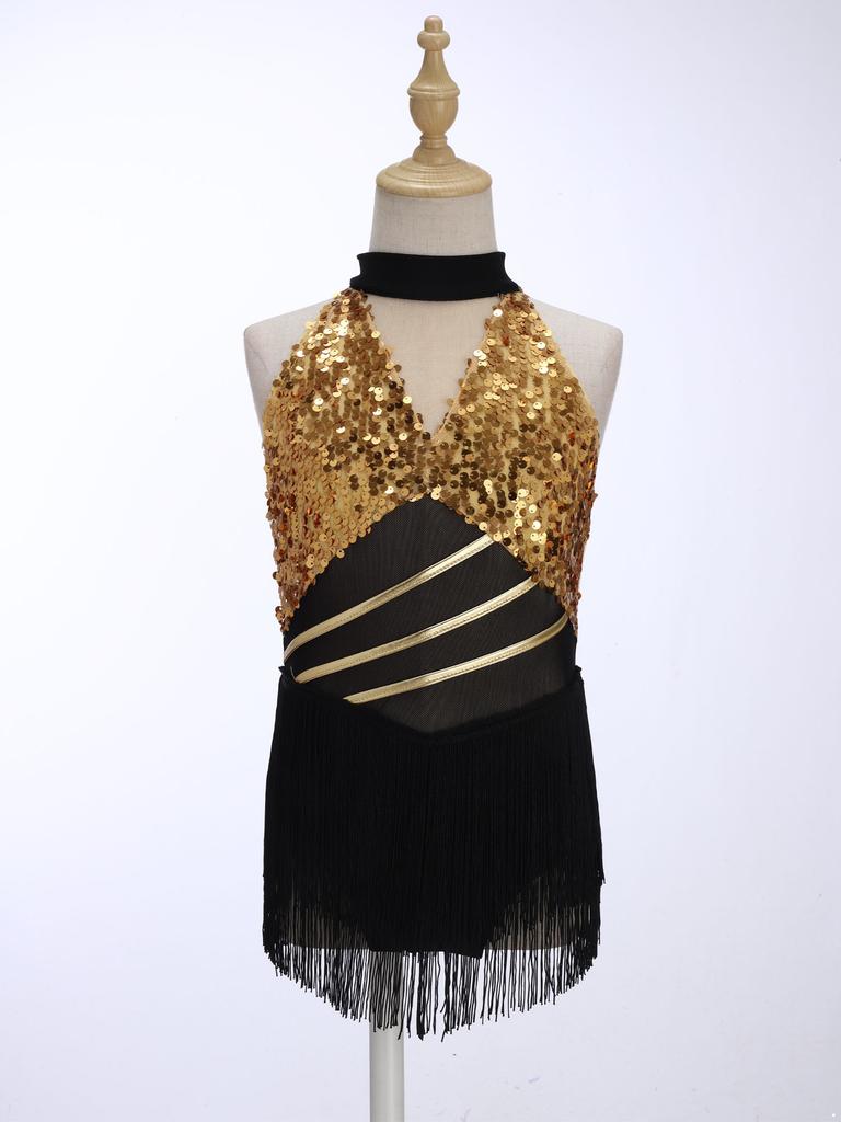 Kids Girls Cha-cha Salsa Latin Dance Costume Shiny Sequins Halter Sleeveless Mesh Waist Keyhole Metallic Back Tassels Leotard Dancewear