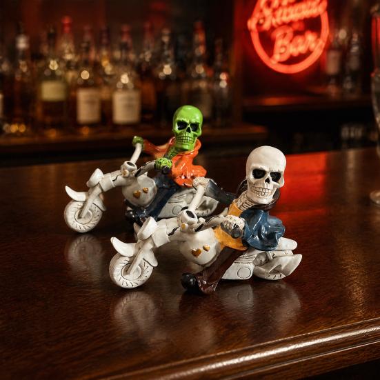 Unique Motorcycle Enthusiast Gift Halloween Skeleton Riding Figurine, Gothic Spooky Statue for Home Gifts Skull Collectors Garden, Resin Biker