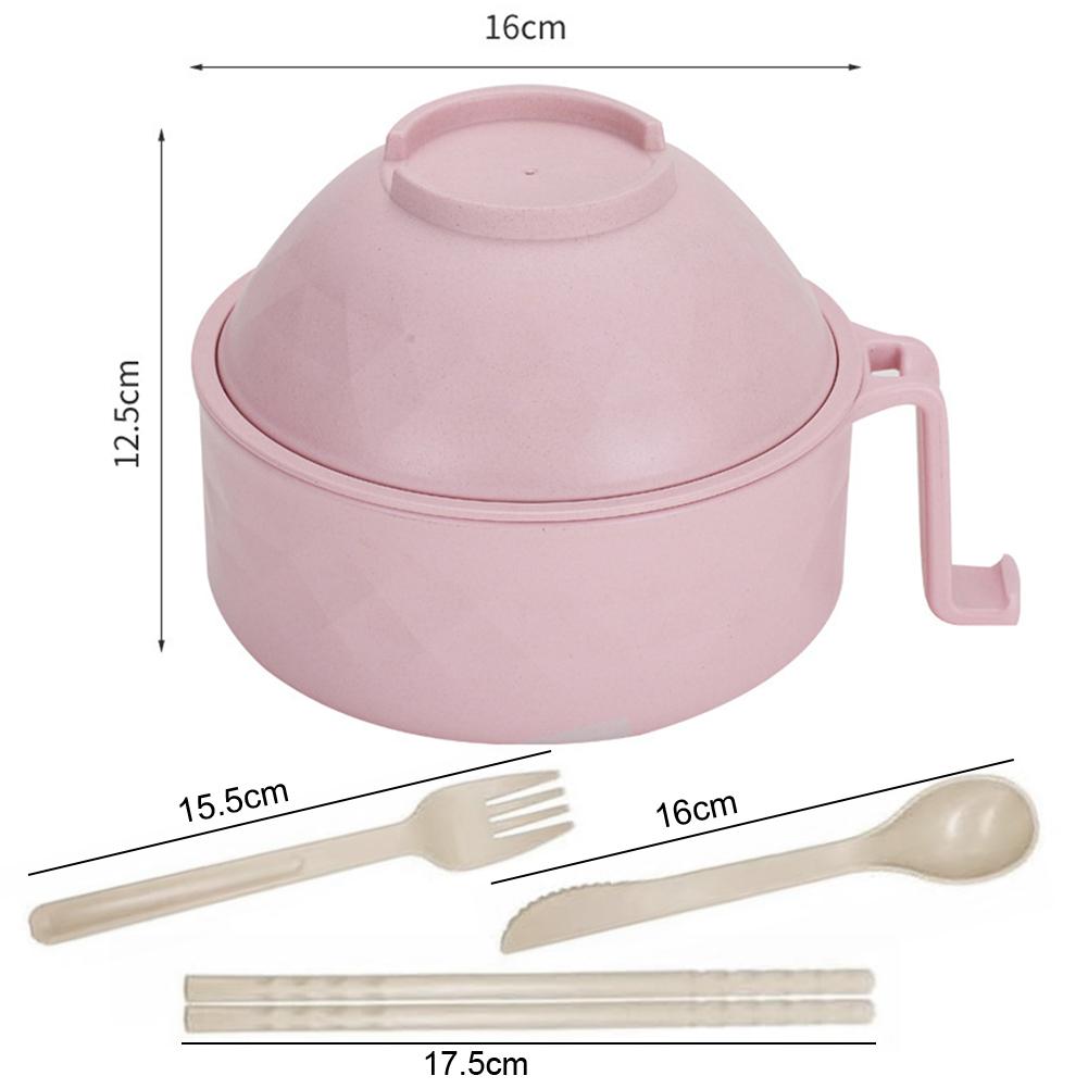 Ramen Bowl Spoon Fork Chopsticks Dinnerware Set with Lid & Handle (Light Pink)