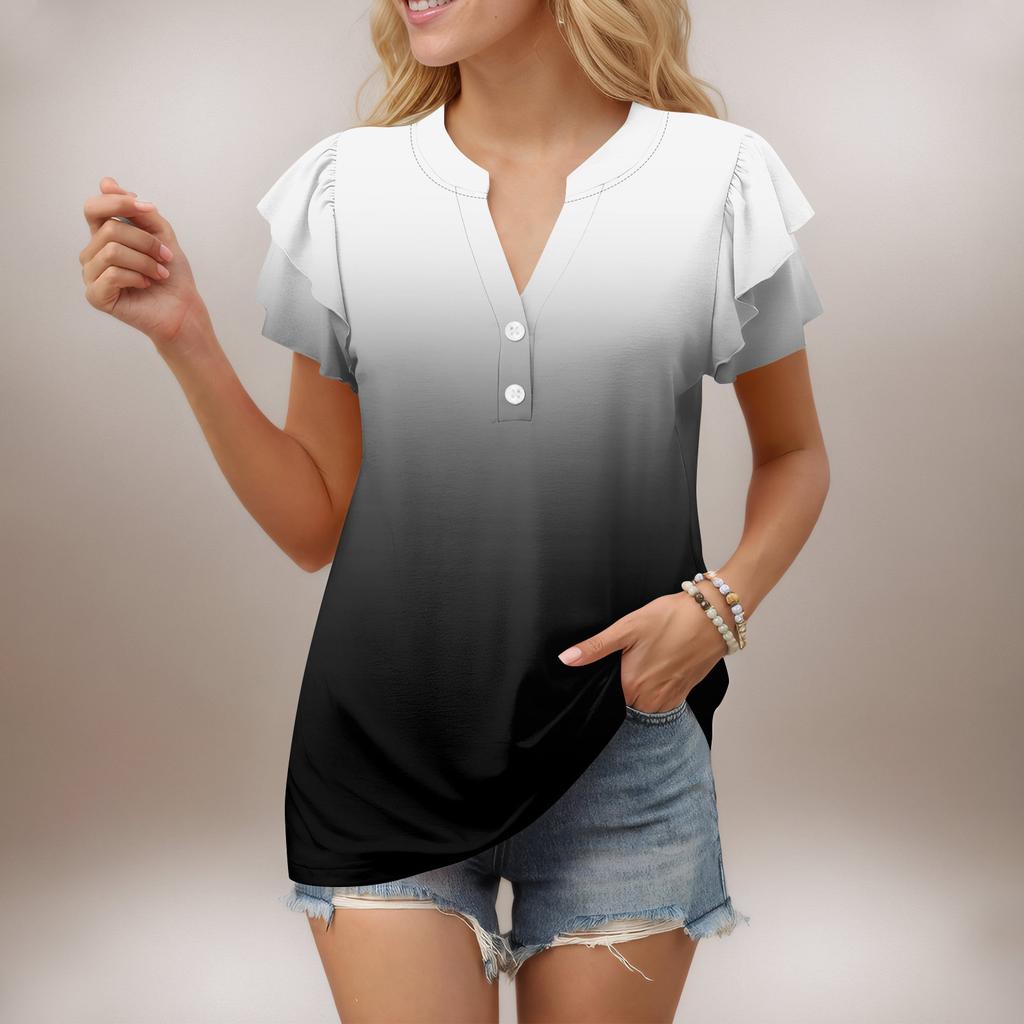 Женский повседневный топ с короткими рукавами и V-образным вырезом, с оборками и градиентом