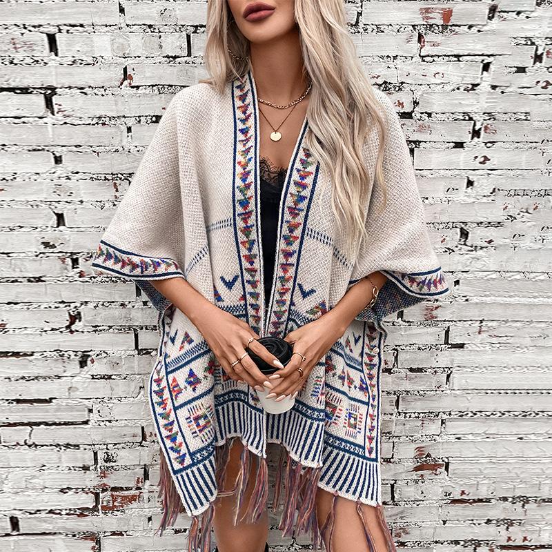 Autumn and Winter Women Print Loose Bat Sleeve Cross Border Cloak Cardigan Knitwear V-Neck Sweater
