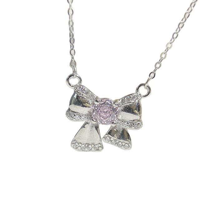 Clear Sky Pink Zircon Bow Necklace, S925 Sterling Silver, Micro-set Fine Chain, Everyday Wear.