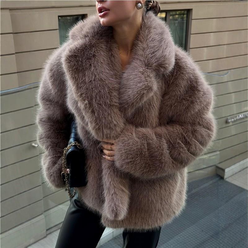 Womens Faux Fur Coat Winter Oversized Streetwear Jacket With Notched Collar In Camel Brown Dark Coffee