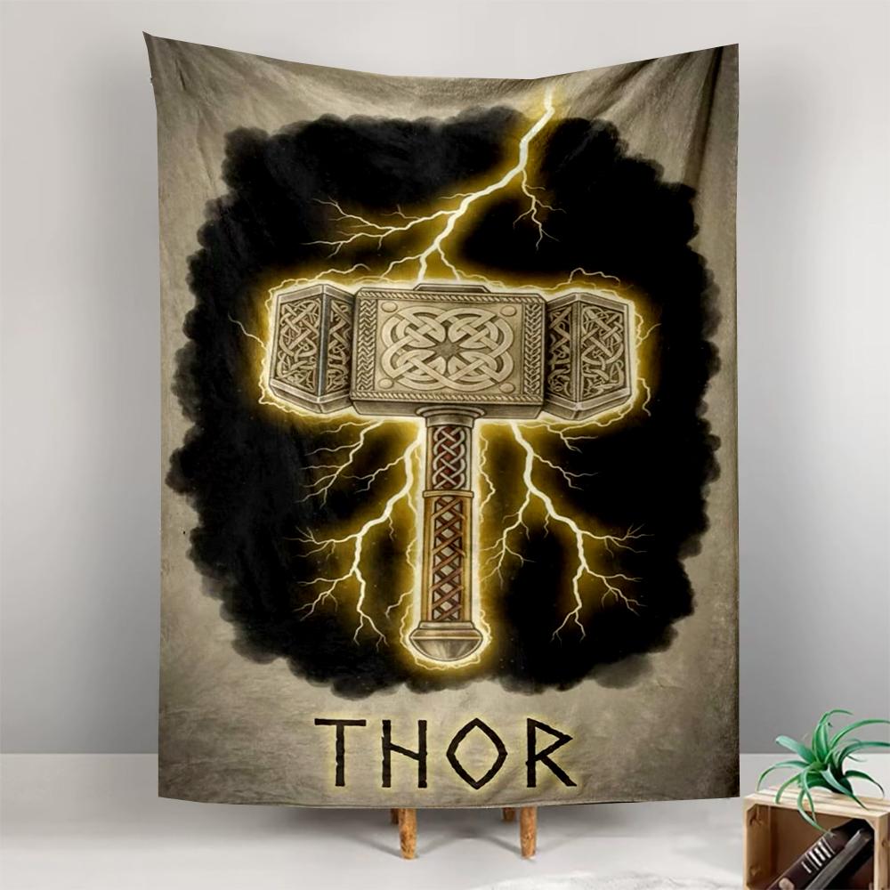 Tapestry Viking Thor Mjolnir Ornate Celtic Knot Golden Yellow Lightning Clouds Rune Text Poster