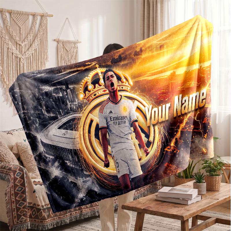 Jude Bellingham Personalized Fleece Blanket With Football Logo, Custom Name Text Soft Warm Home Throw Blanket
