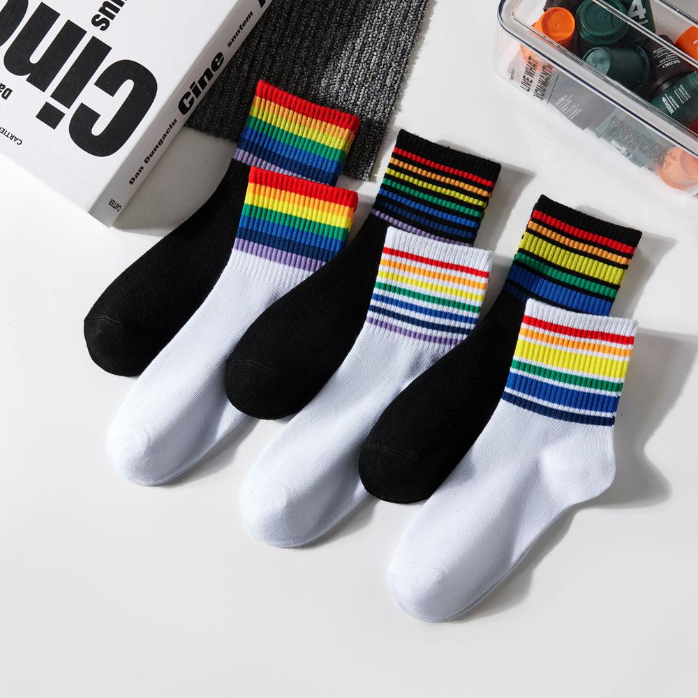 5 пар женских радужных носков, хлопковые милые полосатые белые носки, японские забавные носки в стиле Харадзюку, каваи