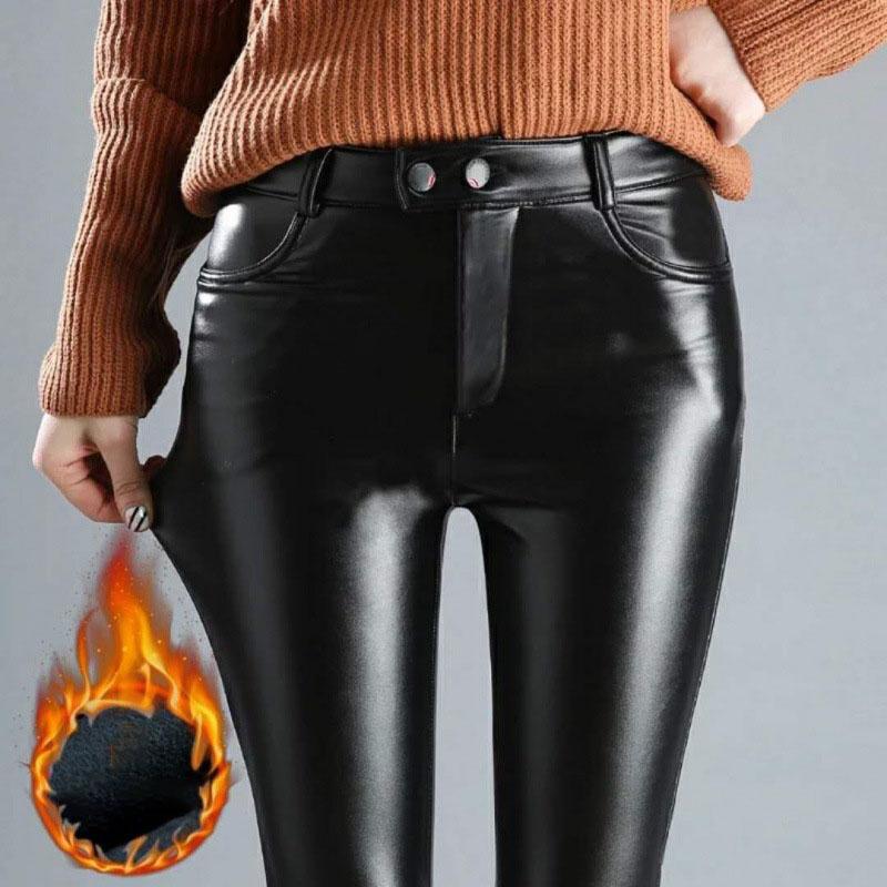 FiveFive кожаные плюшевые утолщенные с высокой талией эластичные корейские размеры ПУ брюки женские маленькие корейские модные женские брюки Y2k