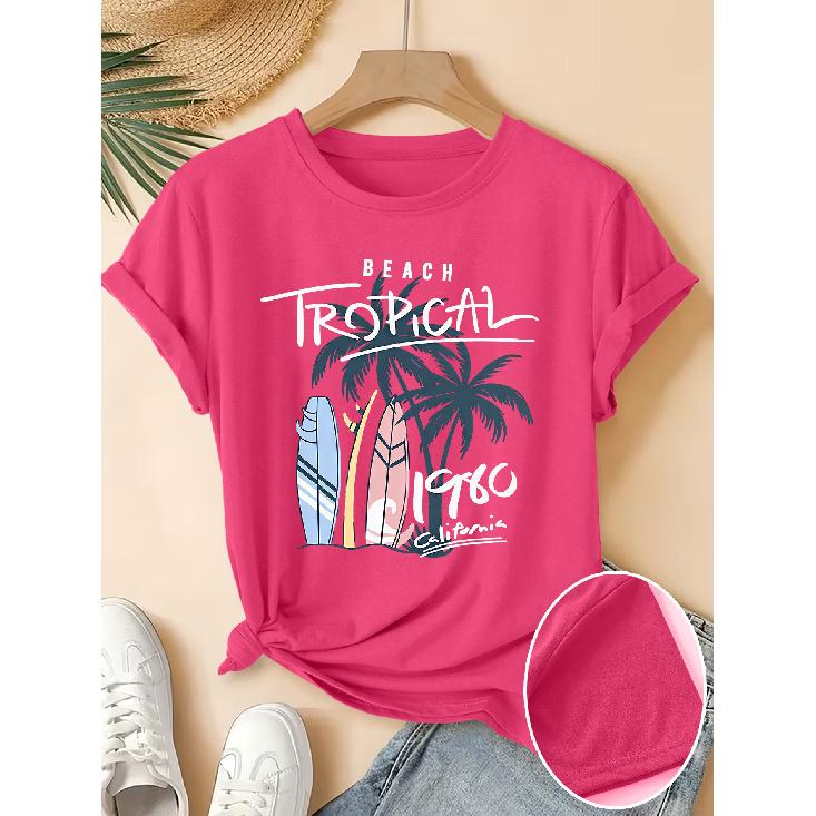 Women's Elegant Short Sleeve Gift with Coconut Tree Surfboard California Beach Print Pattern Vintage Round Neck T Fresh and natural style