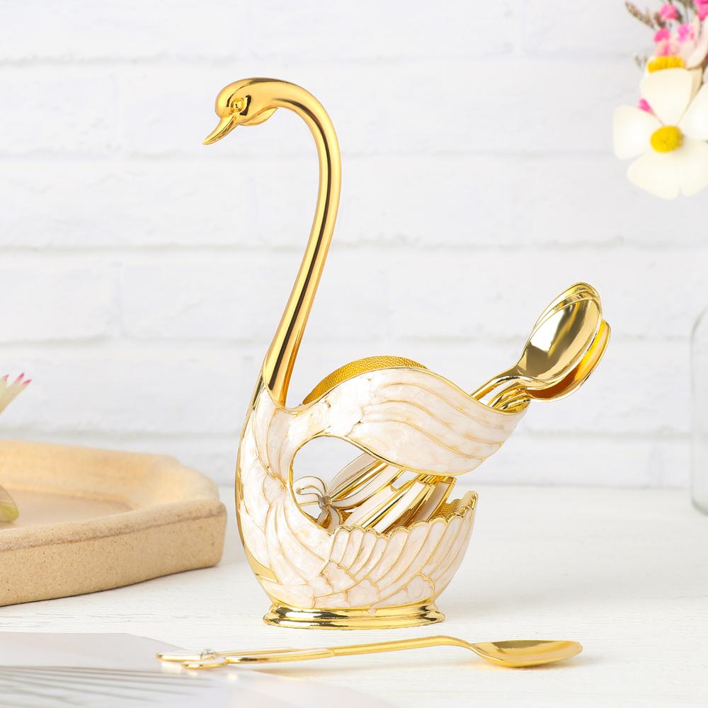 Creative and Cute Tableware Fruit Spoon High-end Metal Coffee Spoon Set Metal Swan Base Holder