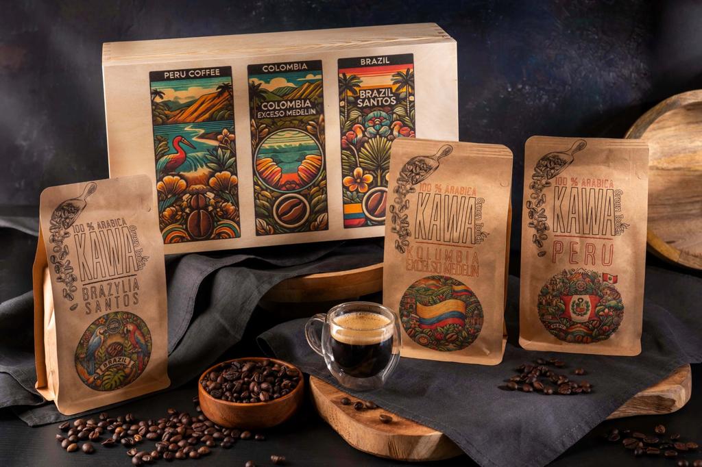 Zestaw Kaw W Skrzynce Na Prezent Kawa Ziarnista 750G Brazylia Peru Kolumbia