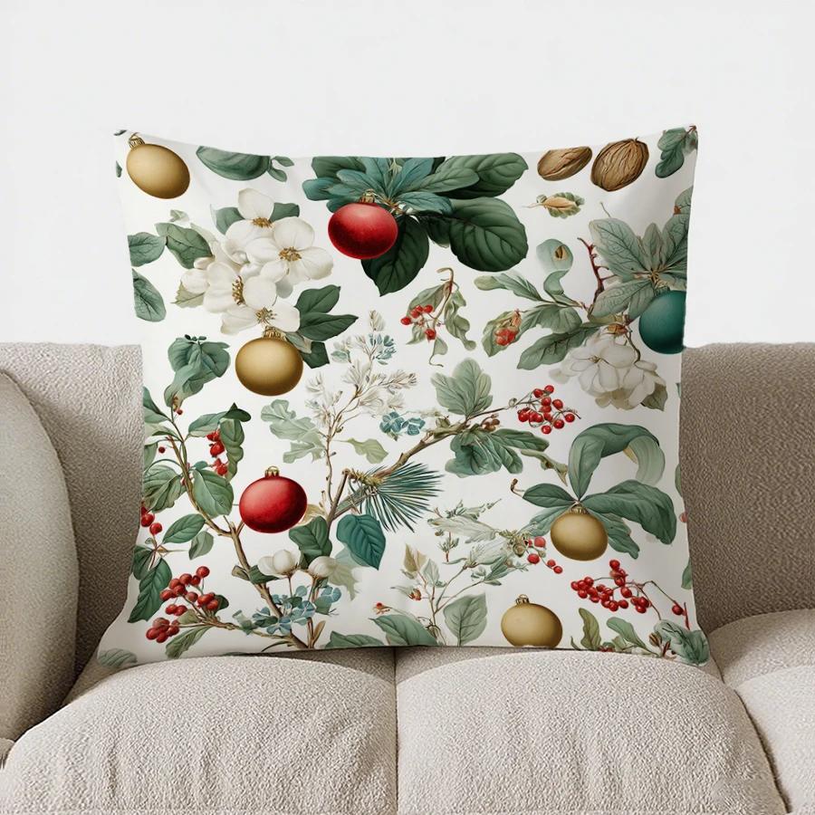 Christmas Floral & Ornamental Throw Pillow Cover With Short Plush Print For Living Room Sofa Decoration Cushion Cover