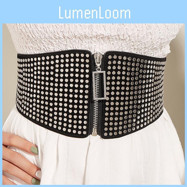 Faux Leather Wide Waist Belt For Women With Metal Buckle And Rivet Detailing