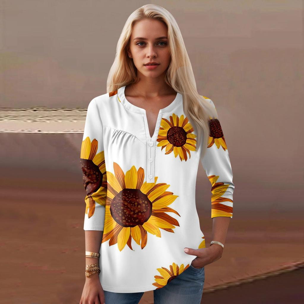 Женская мода повседневный топ с длинным рукавом и круглым вырезом с цветочным принтом