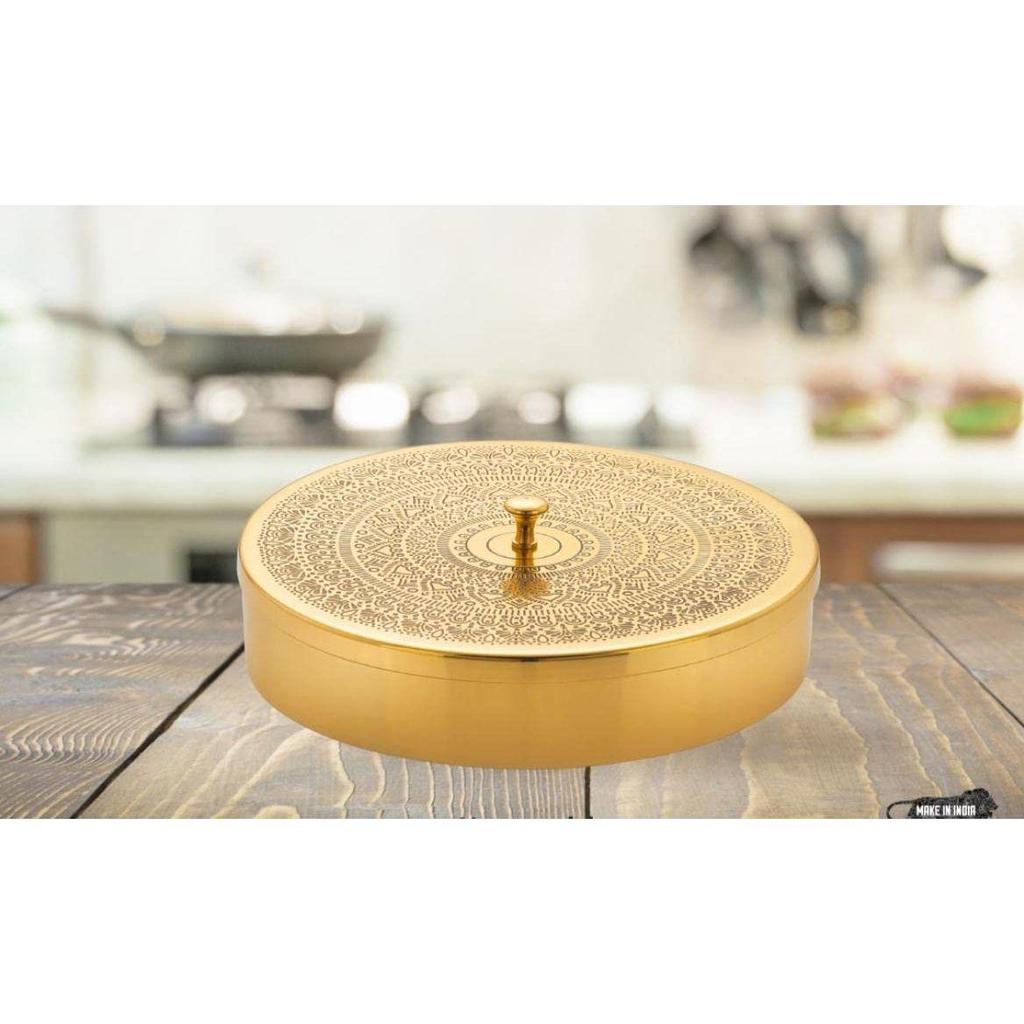 Copper 'Floral-Etched' Handcrafted Brass Spice Box Set For Kitchen With Spoon (7 Containers, 40 ML) - Brass Masala Box For Kitchen