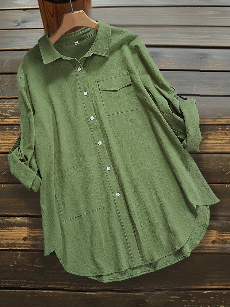 2025 Women's Solid Color Long Sleeve Button-Down Loose T-Shirt - European and American Style, Oversized Fit.