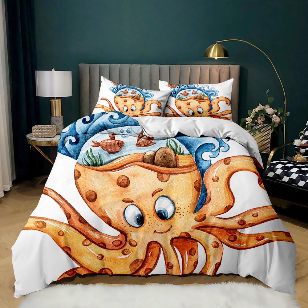 Cartoon Octopus Duvet Cover Set King Queen Size Sea Animal Bedding Set Red Blue 3D Print Microfiber Polyester Comforter Cover