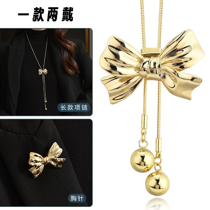 One And Two Autumn And Winter Sweater Chains Are Bow Tassel Long Necklace Temperament Brooch.