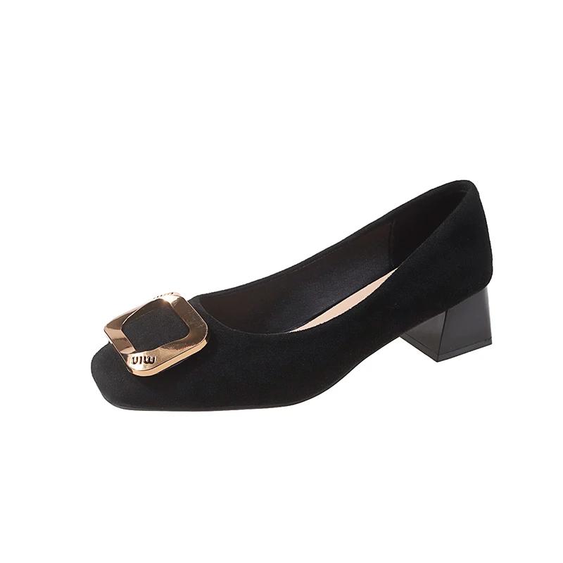 2024 Woman Square Toe Square Buckle Shoes Rhinestone Shallow Mouth High Heel Female Shoes Elegant French Suede Shoes
